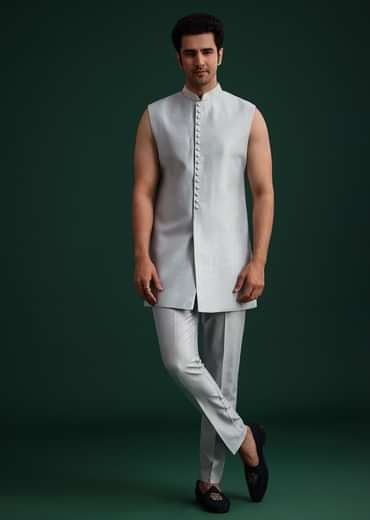 Ice Blue Cotton Silk Hand Work Sherwani Kurta Set