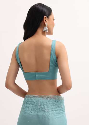 Ice Blue Embroidered Organza Saree With Unstitched Blouse