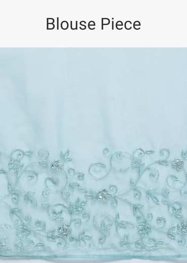 Ice Blue Embroidered Organza Saree With Unstitched Blouse