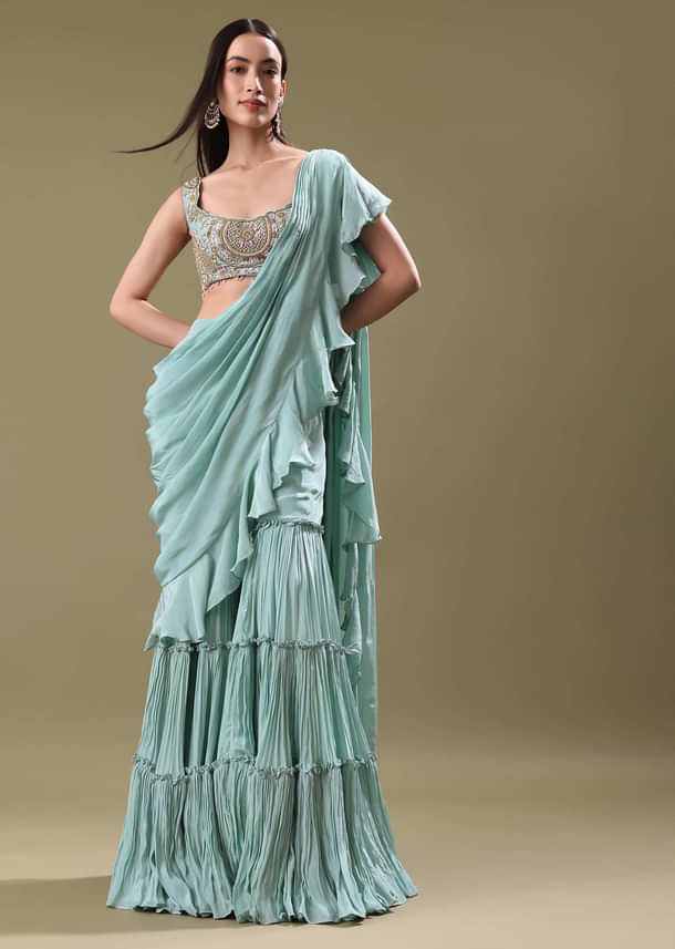 Ice Blue Frill Saree With Embroidered Blouse