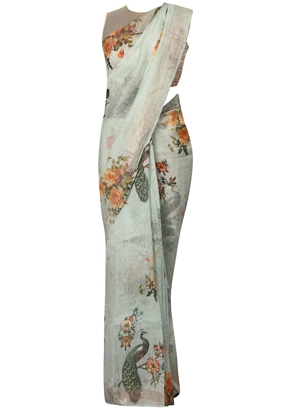 Ice blue silk saree in peacock motif print all over only on Kalki - KALKI Fashion India