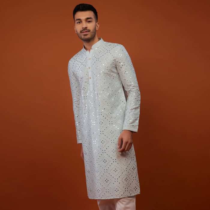Powder Blue Embroidered Kurta Set With Mirror Work In Cotton Silk