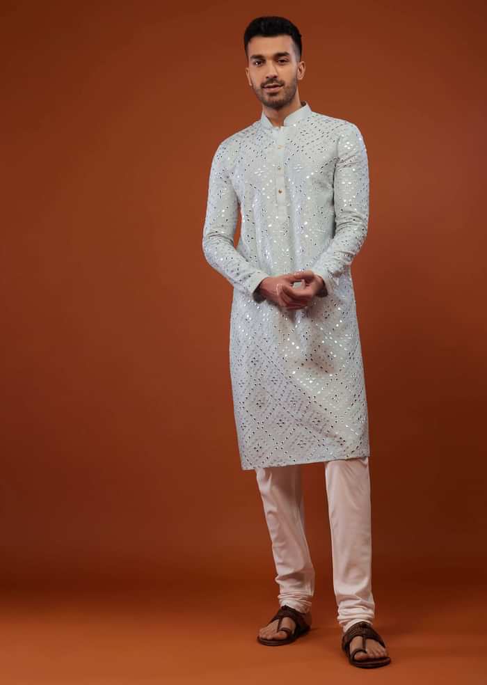 Powder Blue Embroidered Kurta Set With Mirror Work In Cotton Silk