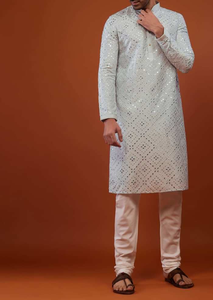 Powder Blue Embroidered Kurta Set With Mirror Work In Cotton Silk