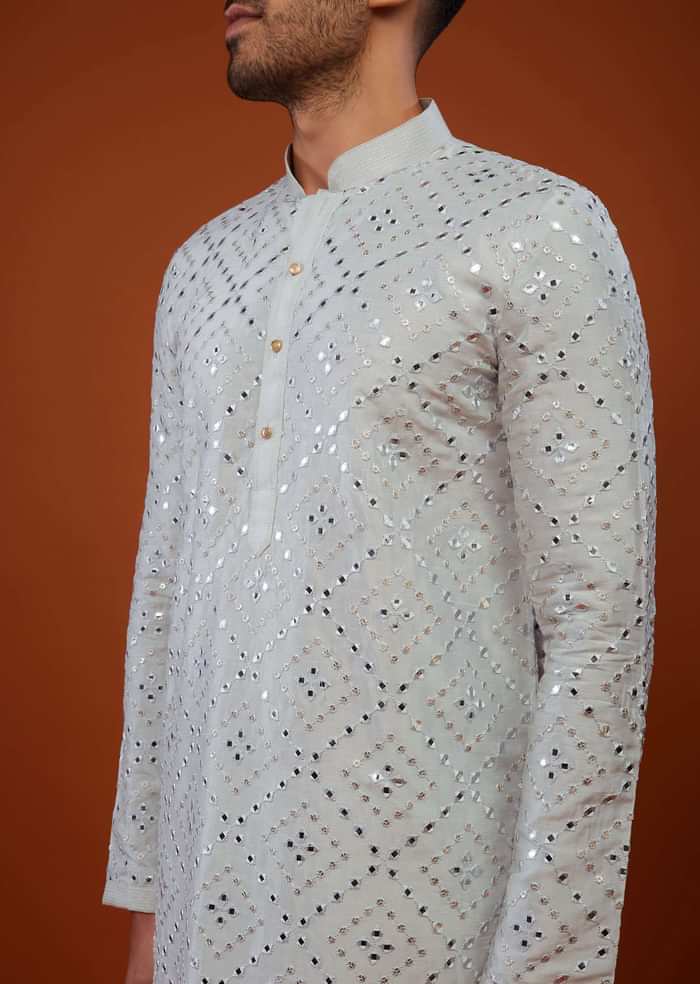 Powder Blue Embroidered Kurta Set With Mirror Work In Cotton Silk