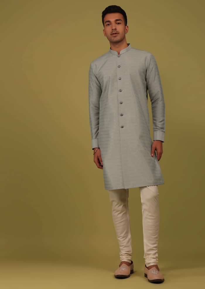 Cloud Grey Striped Art Silk Kurta