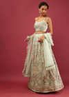 Mint Green Lehenga Choli In Georgette With Colorful Resham Embroidered Floral Jaal And Mirror Work