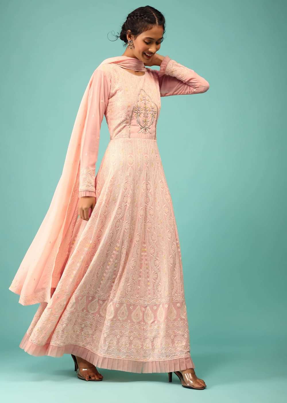 Candy Pink Anarkali Suit With Lucknowi Thread Work And Zardozi Embroidered Motif