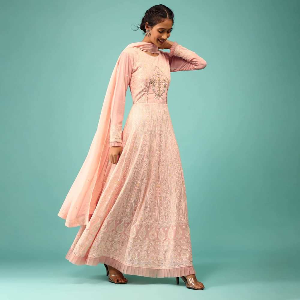 Candy Pink Anarkali Suit With Lucknowi Thread Work And Zardozi Embroidered Motif