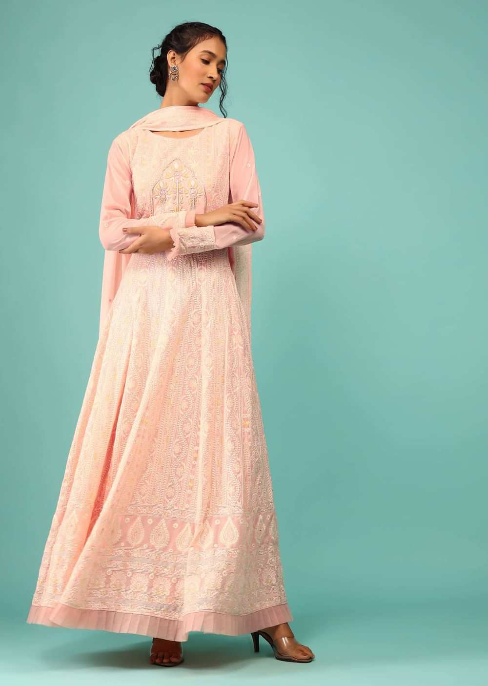 Candy Pink Anarkali Suit With Lucknowi Thread Work And Zardozi Embroidered Motif