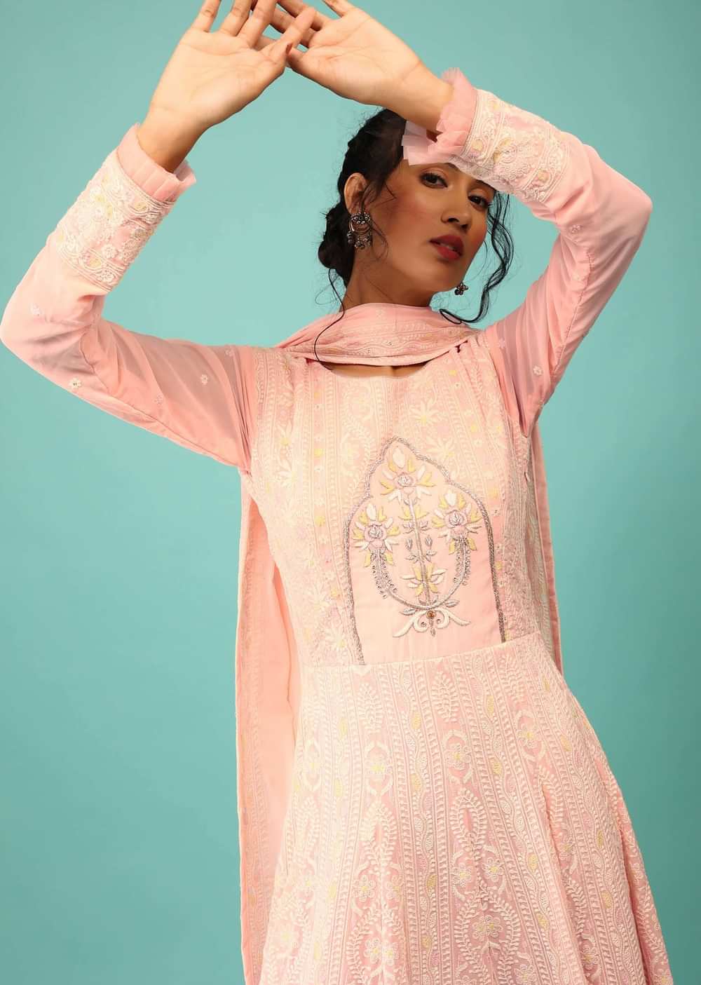 Candy Pink Anarkali Suit With Lucknowi Thread Work And Zardozi Embroidered Motif