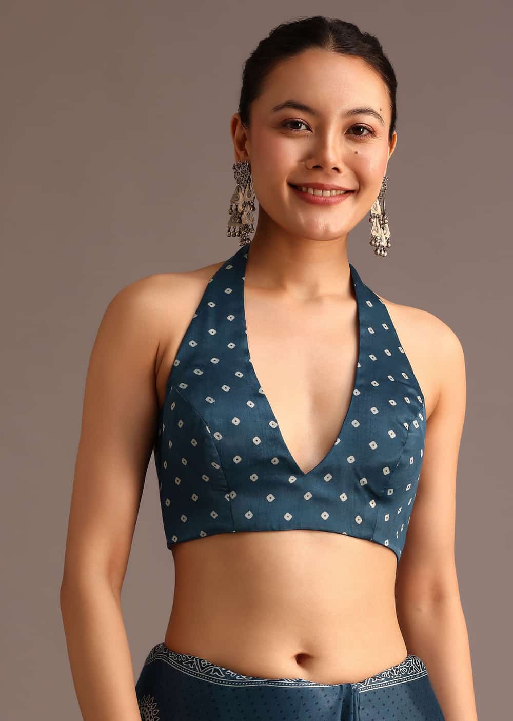 Indigo Satin Saree With Ajrakh Print And Unstitched Blouse KALKI