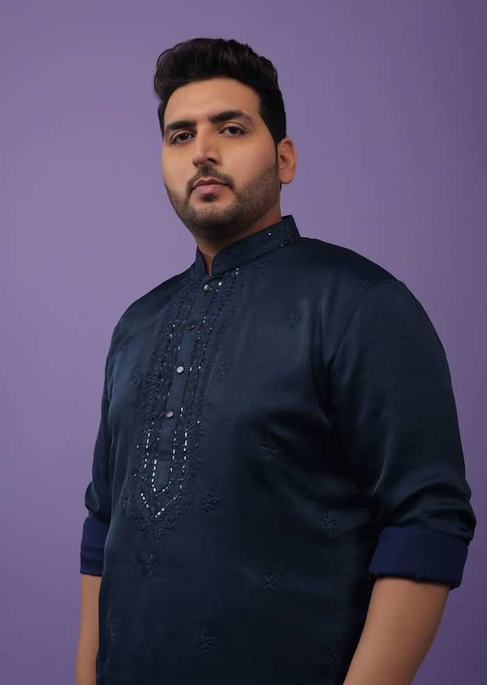Dark Blue Festive Kurta In Mini Silk With Lucknowi Embroidery