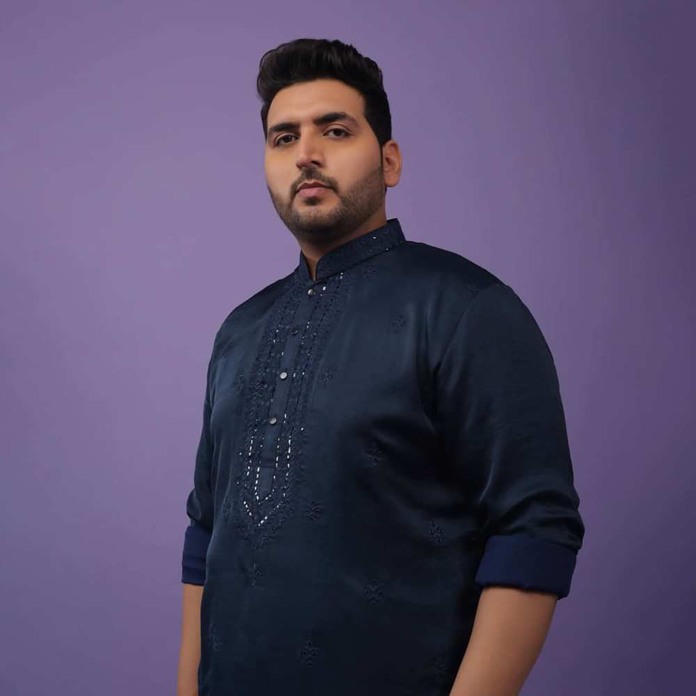 Indigo Blue Festive Kurta In Mini Silk With Lucknowi Embroidery