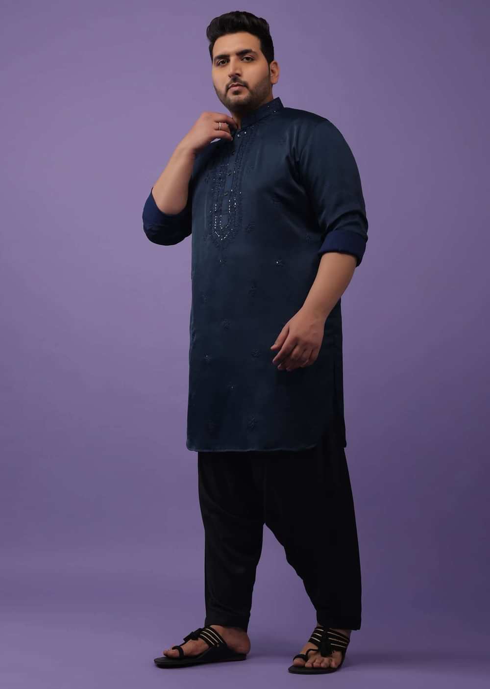 Indigo Blue Festive Kurta In Mini Silk With Lucknowi Embroidery
