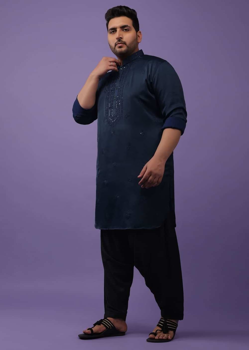 Dark Blue Festive Kurta In Mini Silk With Lucknowi Embroidery