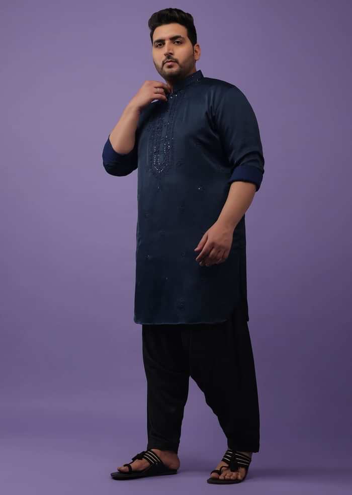 Dark Blue Festive Kurta In Mini Silk With Lucknowi Embroidery