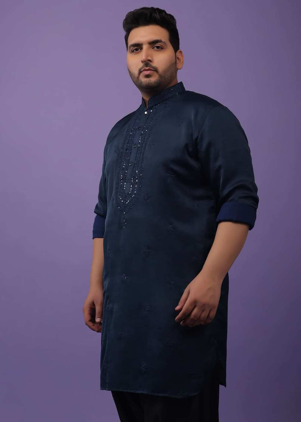Indigo Blue Festive Kurta In Mini Silk With Lucknowi Embroidery