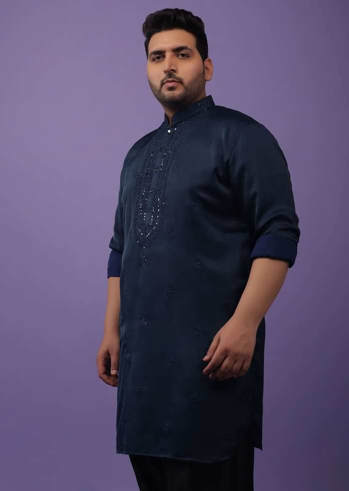Dark Blue Festive Kurta In Mini Silk With Lucknowi Embroidery