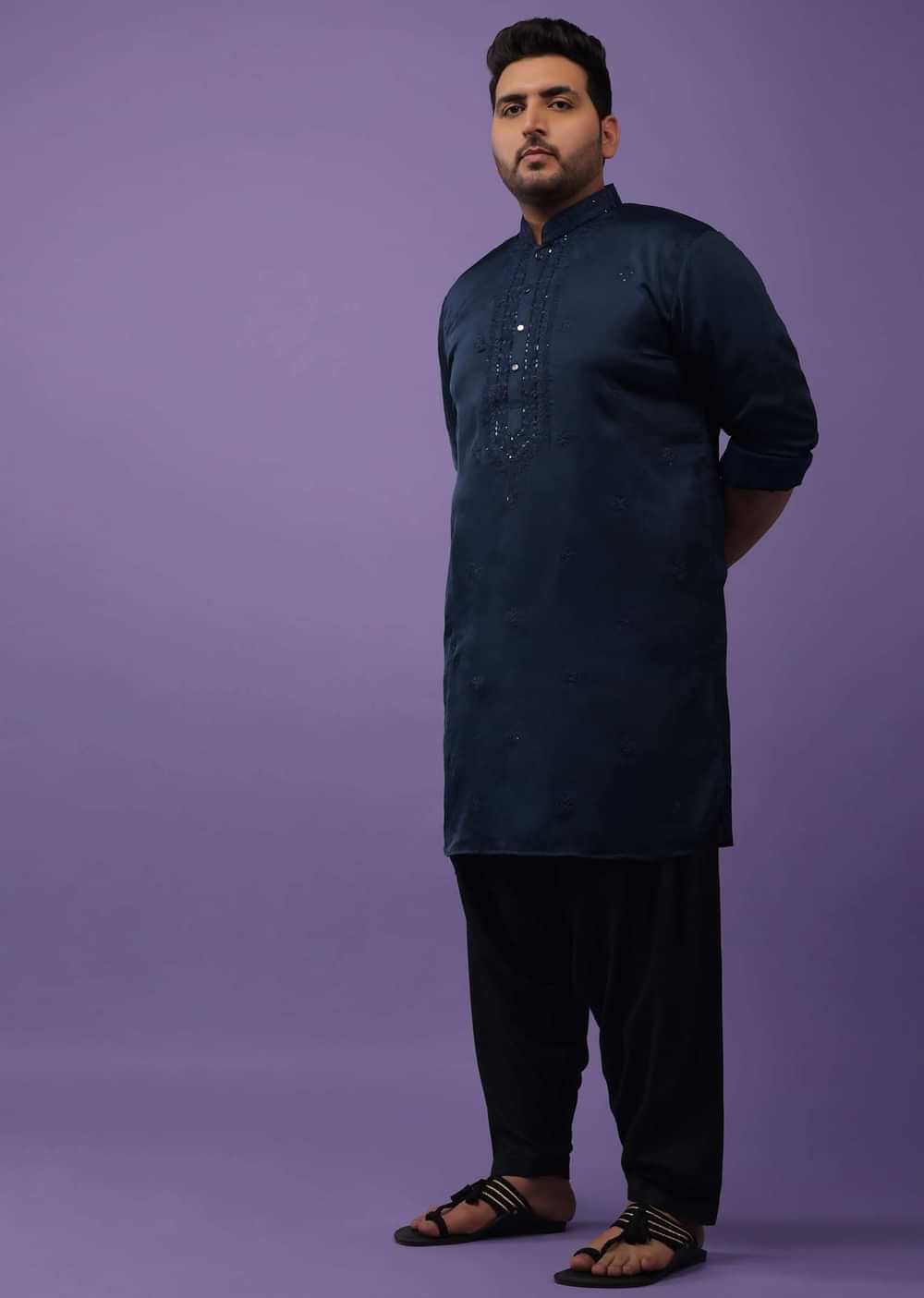Indigo Blue Festive Kurta In Mini Silk With Lucknowi Embroidery