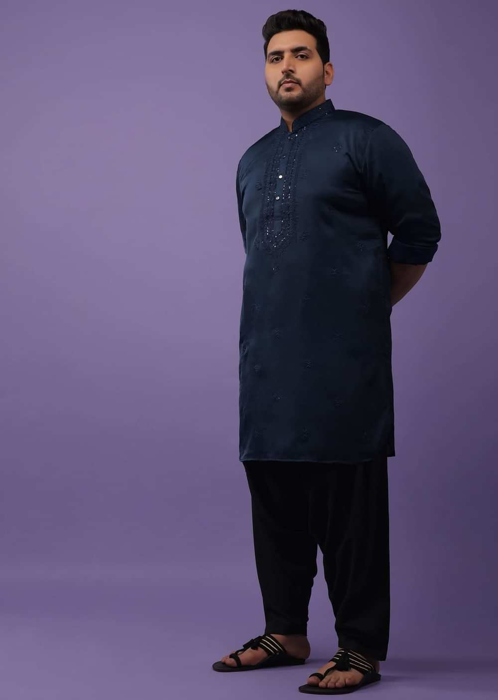 Dark Blue Festive Kurta In Mini Silk With Lucknowi Embroidery