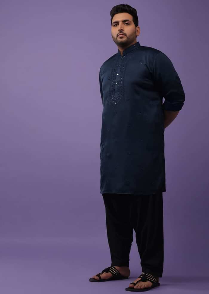 Dark Blue Festive Kurta In Mini Silk With Lucknowi Embroidery