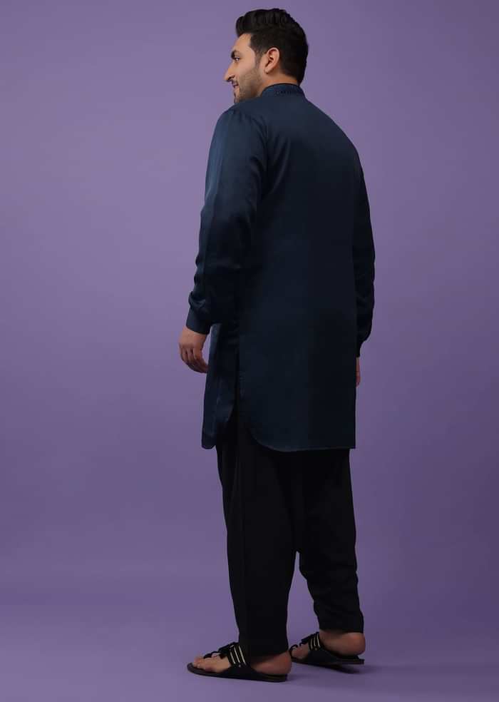 Dark Blue Festive Kurta In Mini Silk With Lucknowi Embroidery