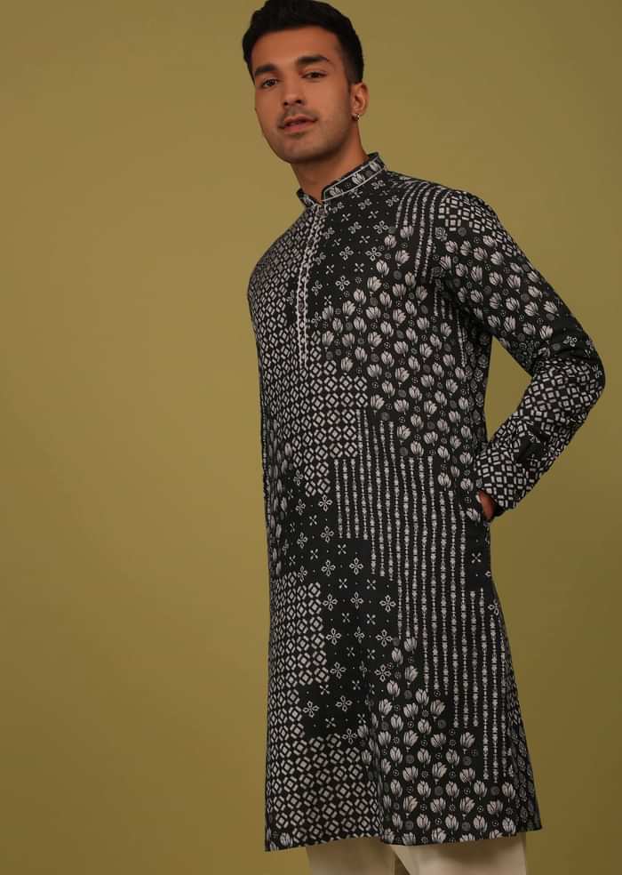 Charcoal Black Printed Linen Kurta