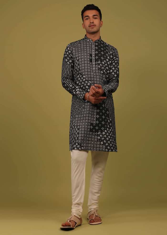 Charcoal Black Printed Linen Kurta