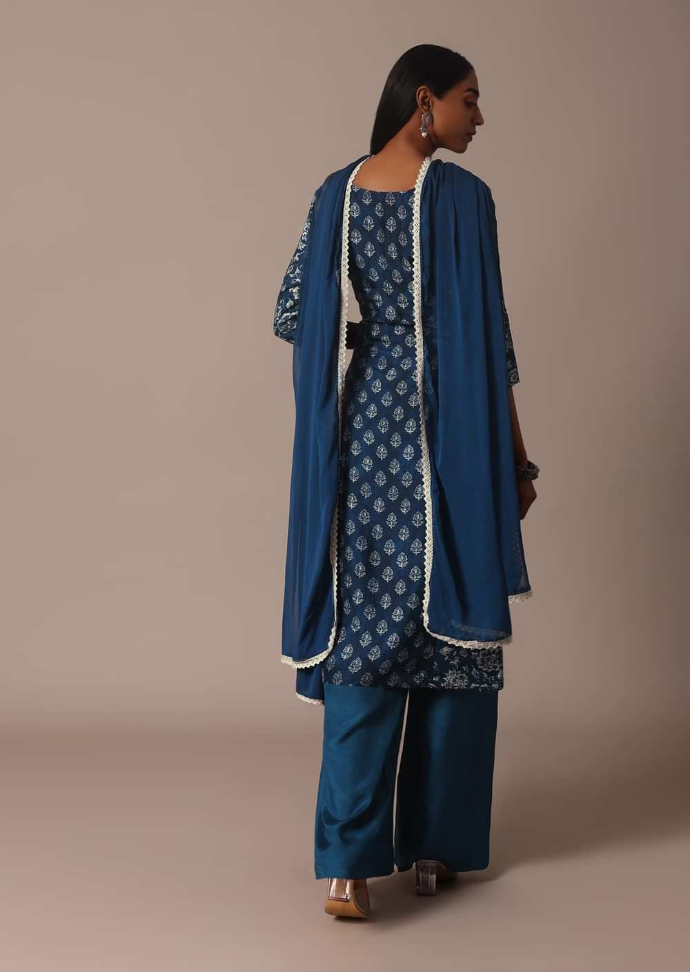 Indigo Blue Printed Palazzo Set With Zari Detail Kurta