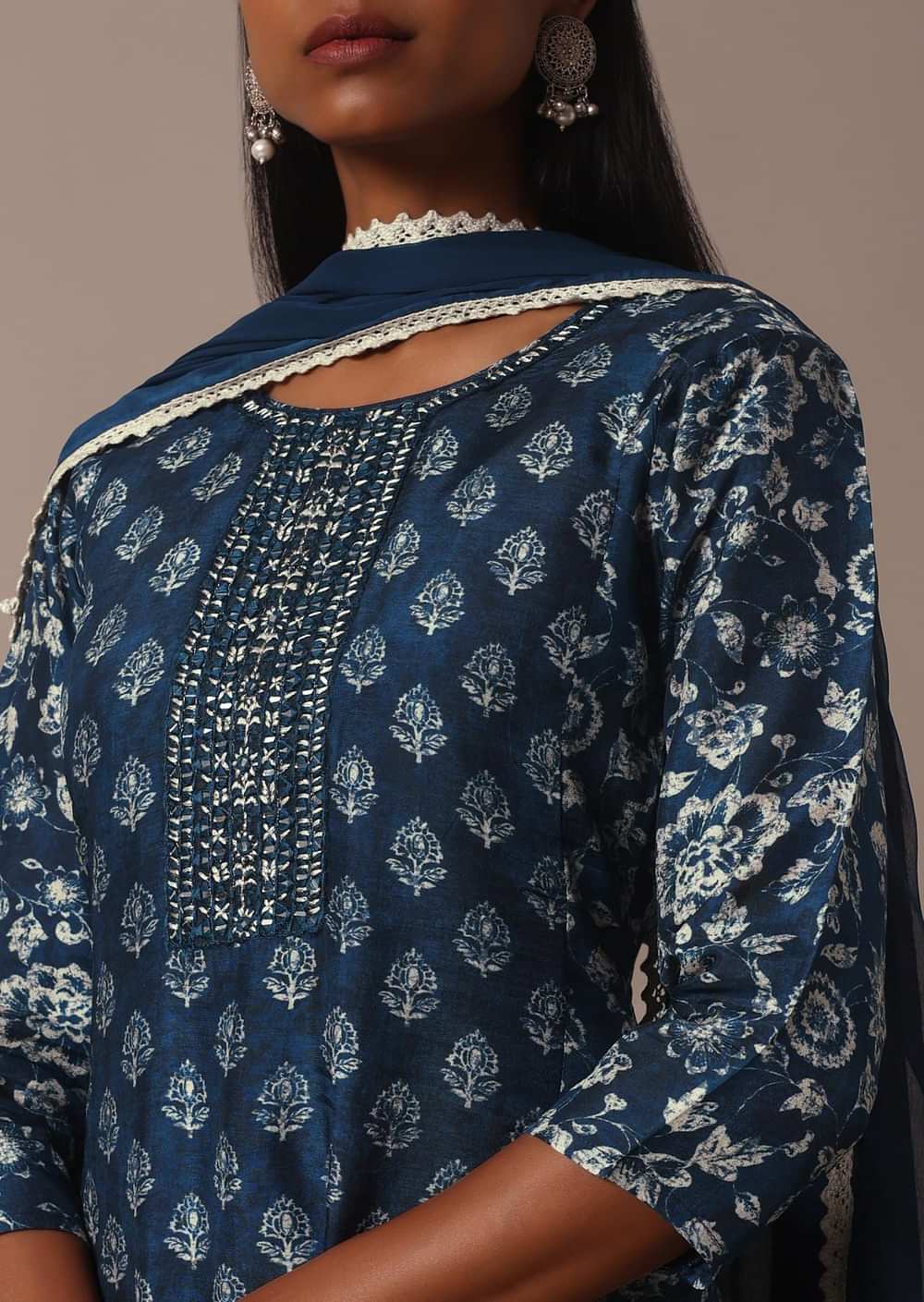 Indigo Blue Printed Palazzo Set With Zari Detail Kurta