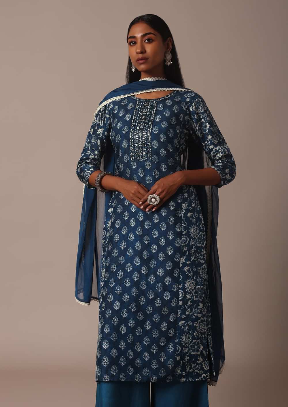 Indigo Blue Printed Palazzo Set With Zari Detail Kurta