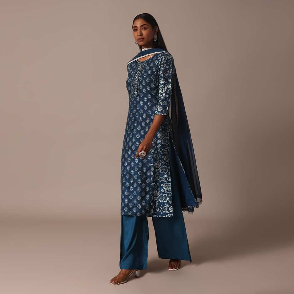Indigo Blue Printed Palazzo Set With Zari Detail Kurta