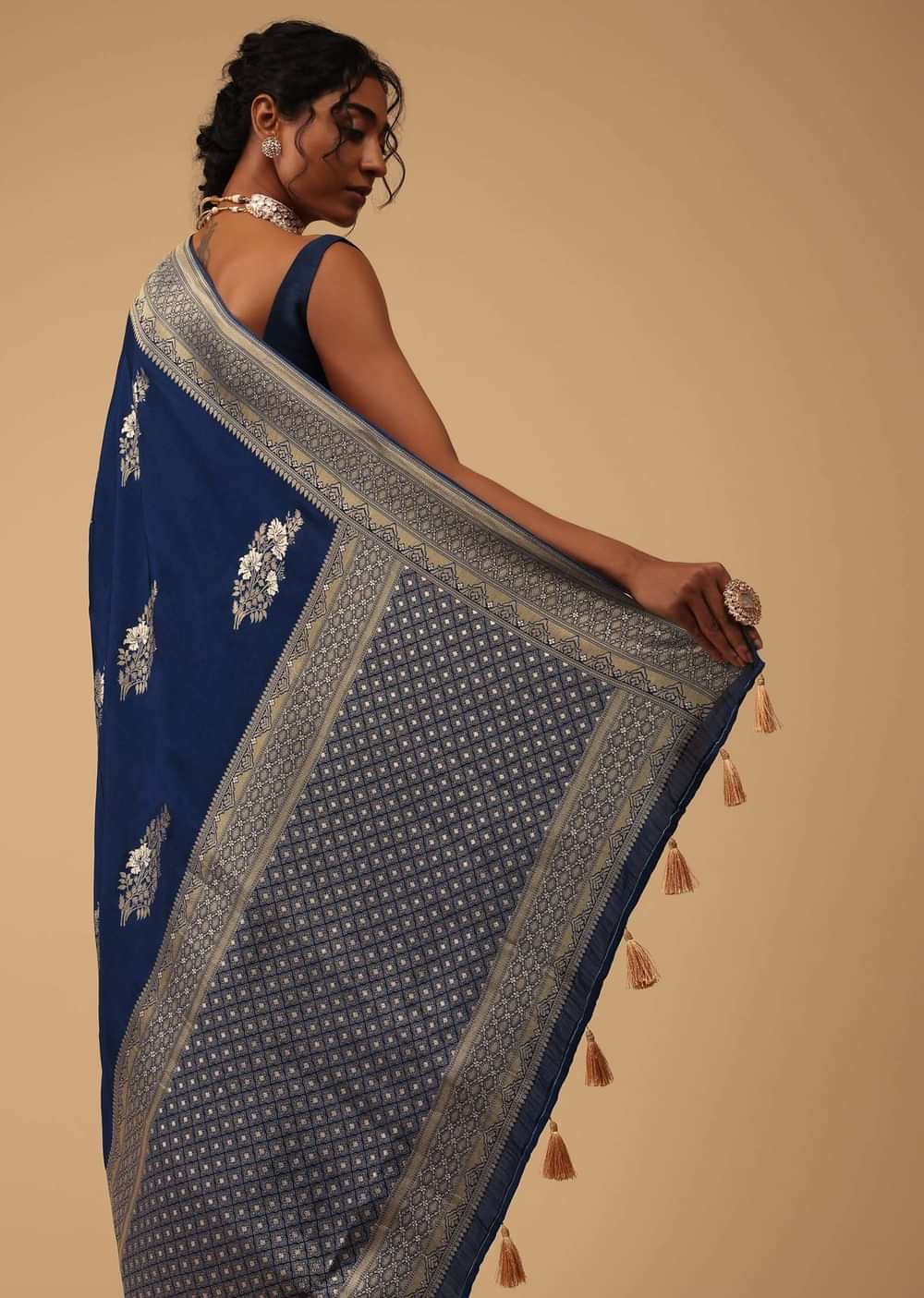 Indigo Blue Saree In Dola Silk With Embroidered Floral Buttas