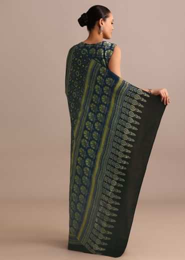 Indigo Modal Satin Saree In Ajrakh Hand Block Print
