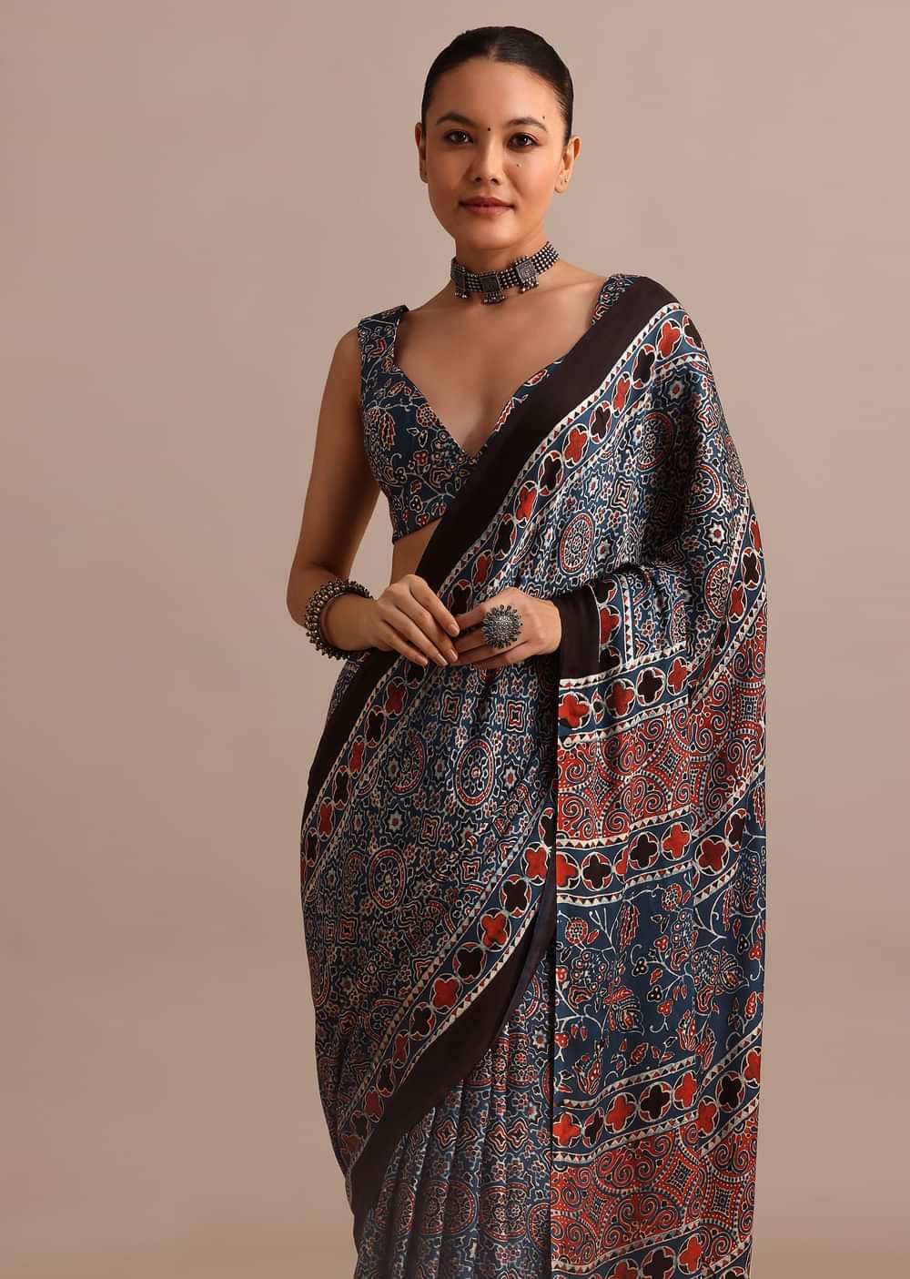 Indigo Modal Satin Saree With Ajrakh Handblock Print