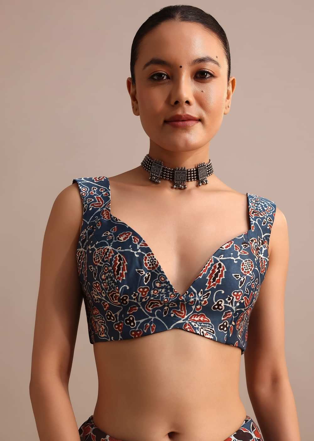 Indigo Modal Satin Saree With Ajrakh Handblock Print