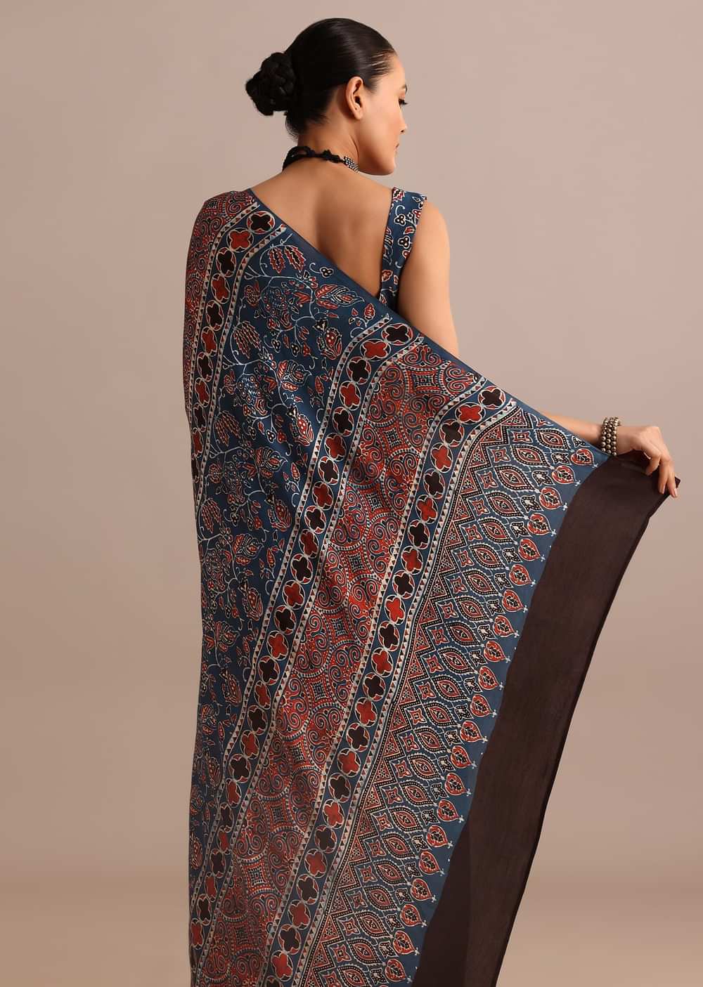 Indigo Modal Satin Saree With Ajrakh Handblock Print