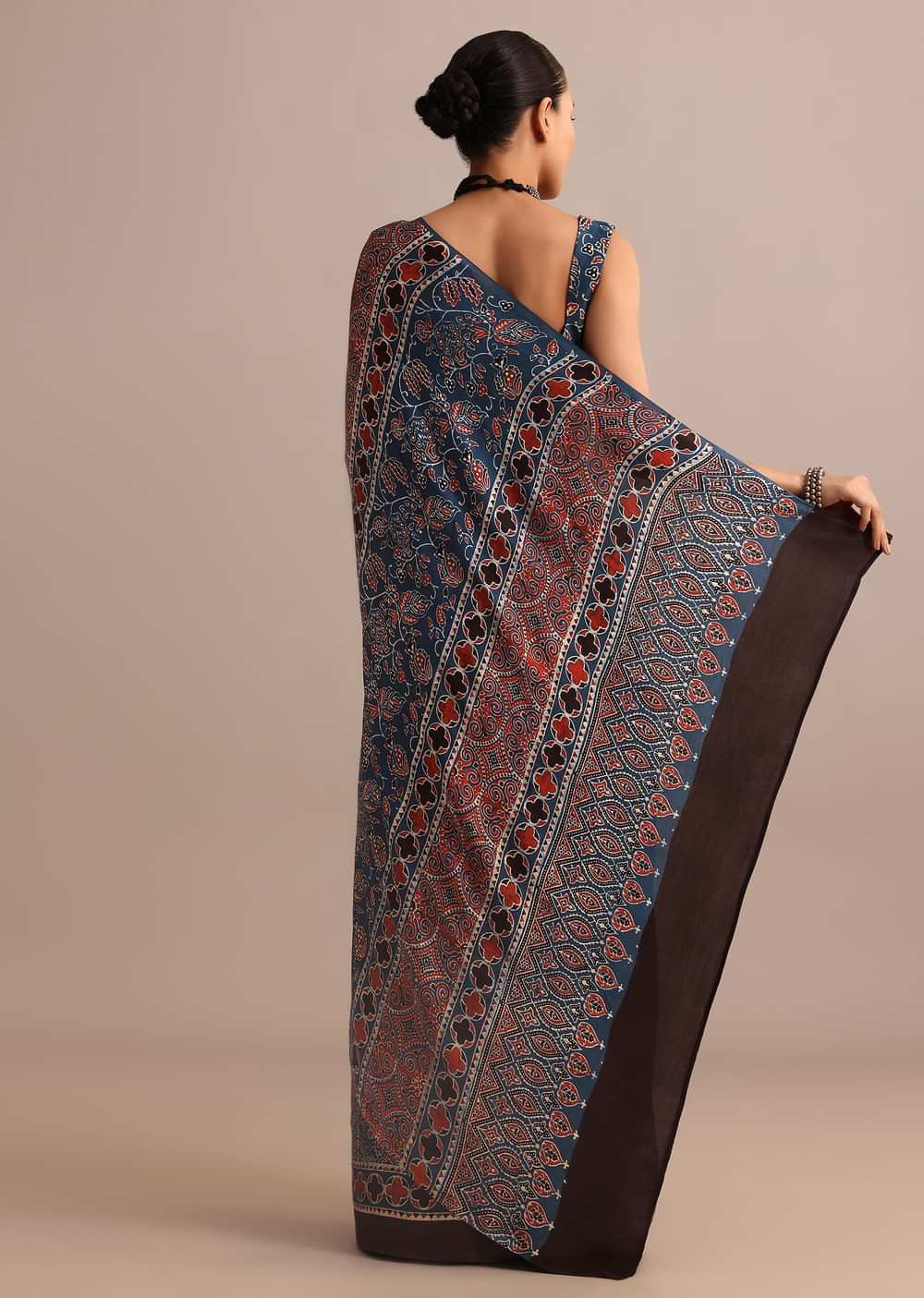 Indigo Modal Satin Saree With Ajrakh Handblock Print