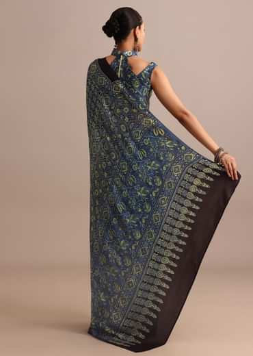 Indigo Satin Modal Ajrakh Handblock Printed Saree