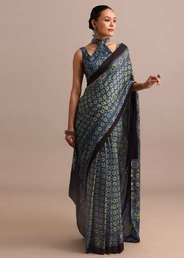 Indigo Satin Modal Ajrakh Handblock Printed Saree