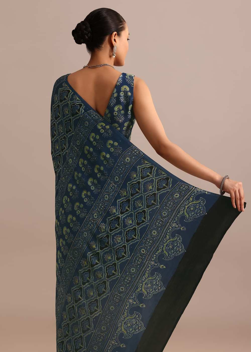Indigo Satin Modal Handblock Printed Ajrakh Saree