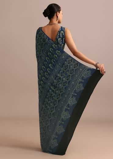 Indigo Satin Modal Handblock Printed Ajrakh Saree