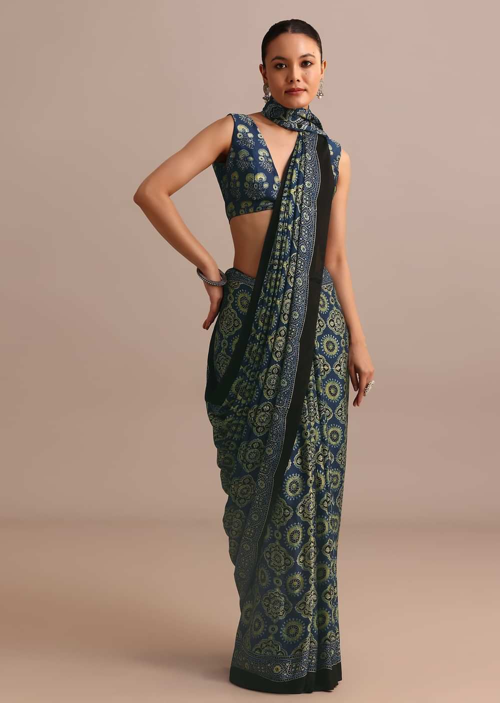 Indigo Satin Modal Handblock Printed Ajrakh Saree