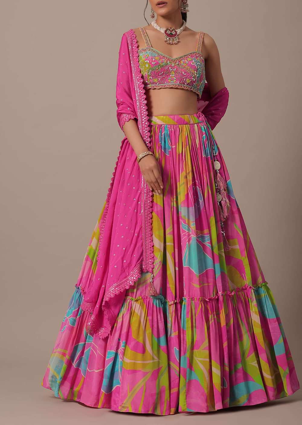 Pink Silk Printed Lehenga Set