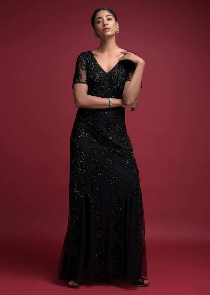 Ink Black Fish Cut Gown In Net With Embellished Floral Pattern Online - Kalki Fashion
