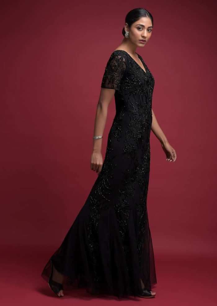 Ink Black Fish Cut Gown In Net With Embellished Floral Pattern Online - Kalki Fashion