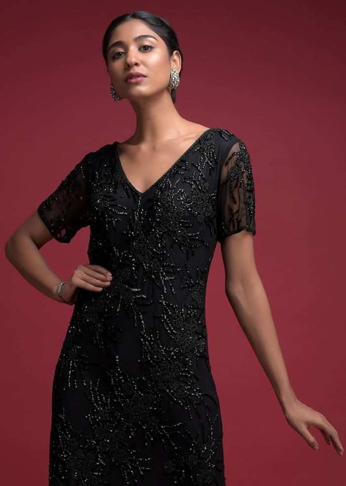 Ink Black Fish Cut Gown In Net With Embellished Floral Pattern Online - Kalki Fashion