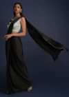 Ink Black Ready Pleated Saree With Fog Grey Embroidered Crop Top Online - Kalki Fashion