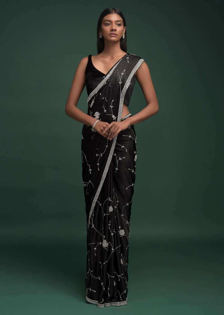 Ink Black Saree In Chinon With Stones, Pearls And Cut Dana Embellished Vintage Vine Pattern Online - Kalki Fashion